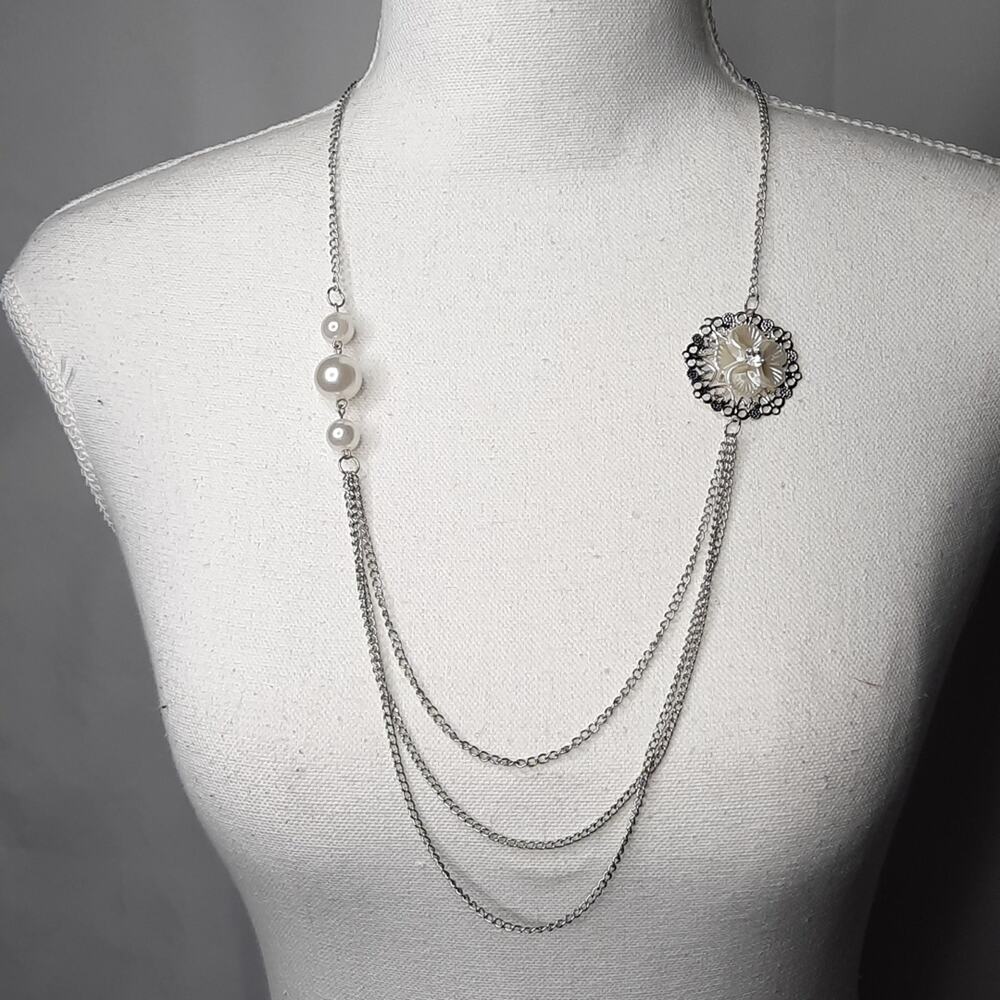 Multi-layer Silver Chain Necklace w/ Faux Pearl and Floral Details